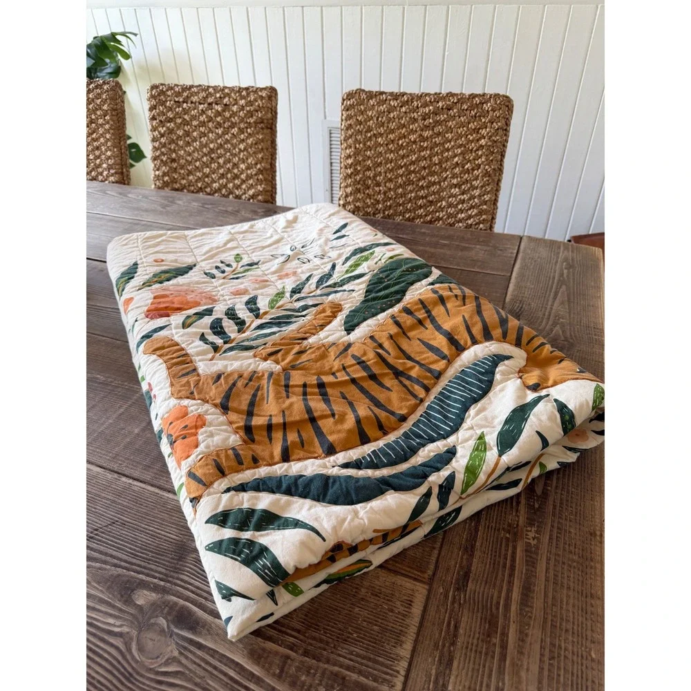 Crate & Kids Marrakech Tiger Twin Quilt Cream Cotton Floral Jungle Botanical